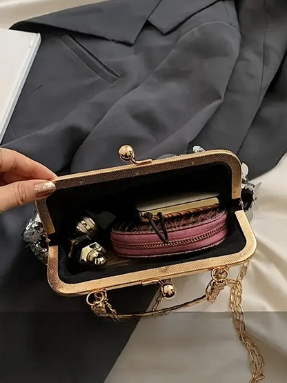 Sequin Evening Clutch In Copper, clutch, detail view