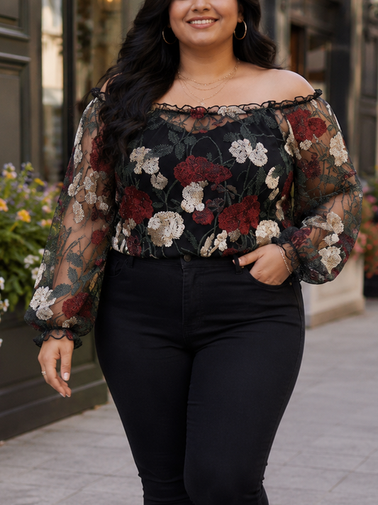Sonata Sheer Plus Size Crop Top in Burgundy