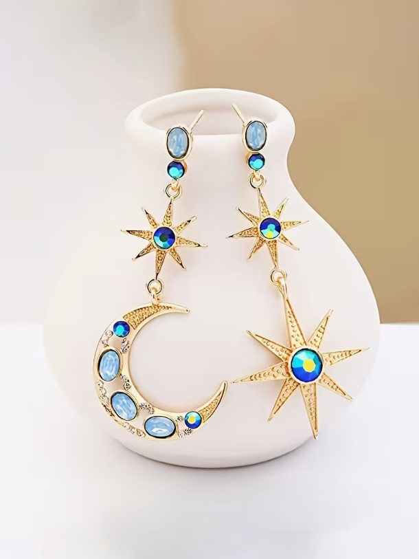 Star and Moon Dangle Earring, earrings, front view