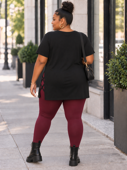 Stef Long Plus Size T-shirt with Lattice in Black