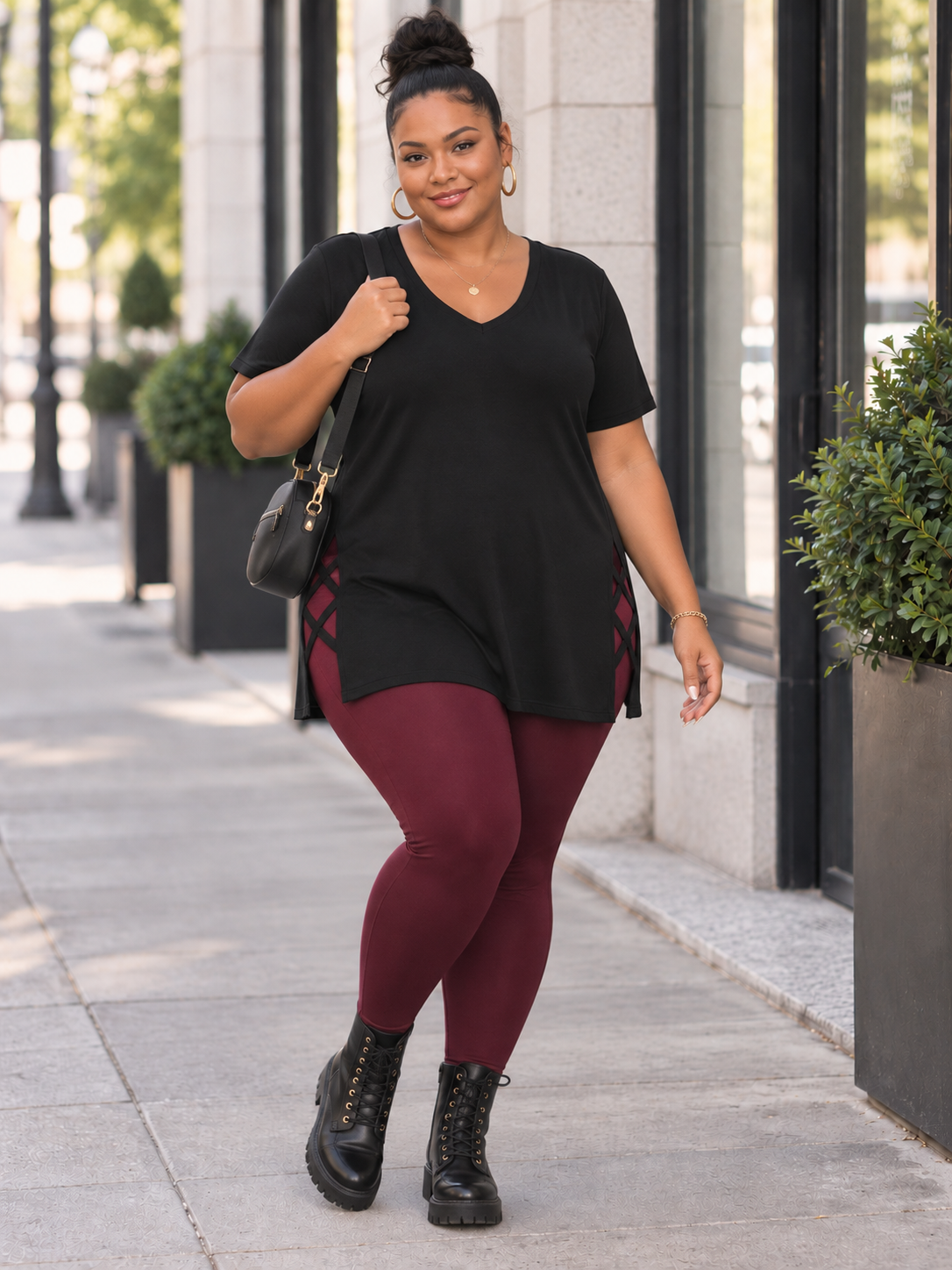 Stef Long Plus Size T-shirt with Lattice in Black