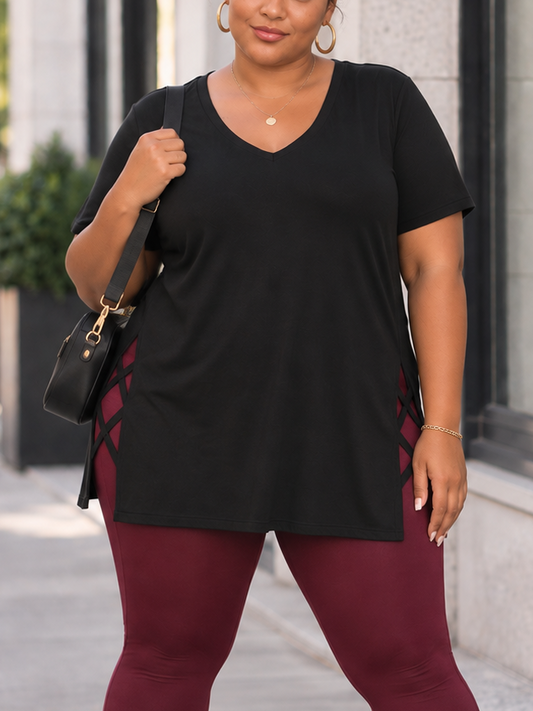 Stef Long Plus Size T-shirt with Lattice in Black