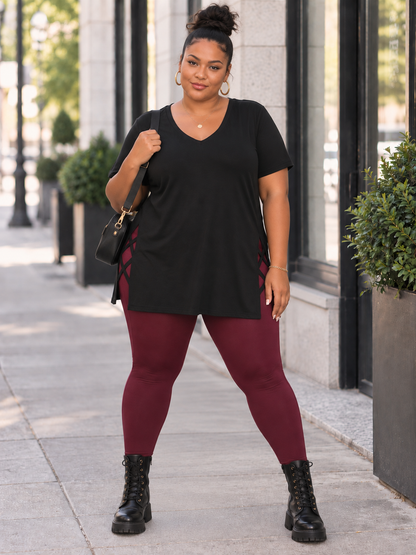 Stef Long Plus Size T-shirt with Lattice in Black