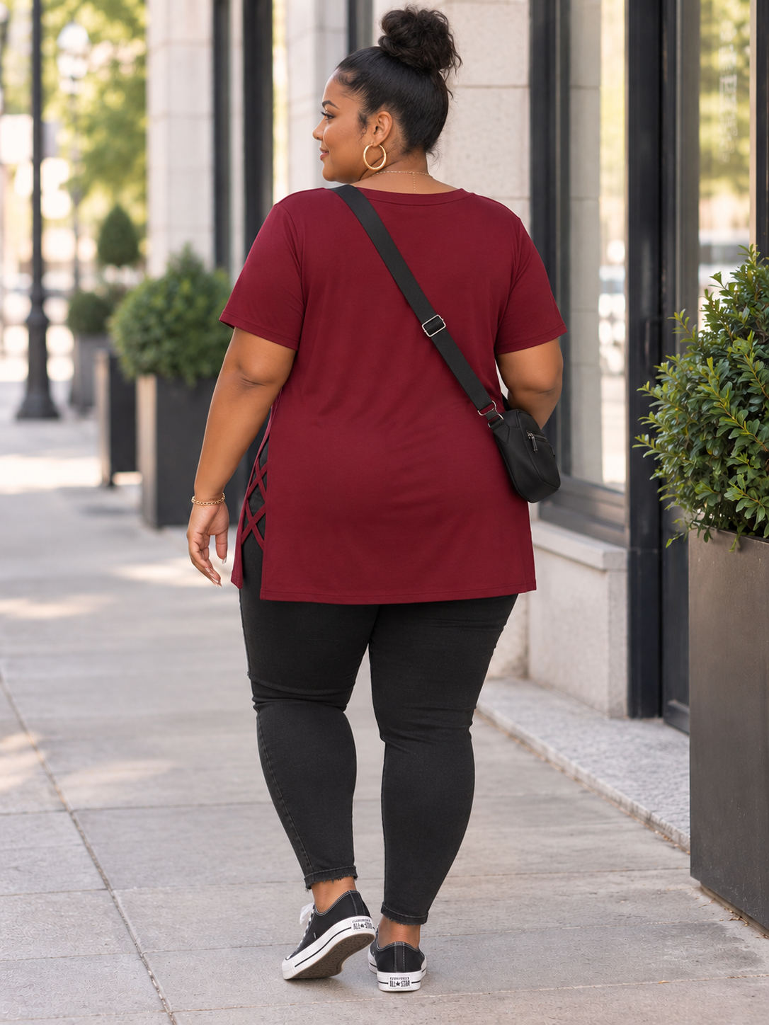 Stef Long Plus Size T-shirt with Lattice in Cranberry