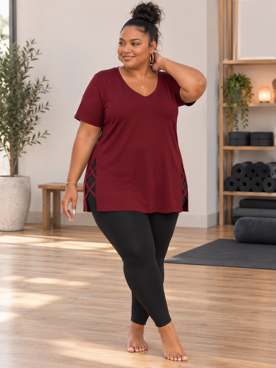 Stef Long Plus Size T-shirt with Lattice in Cranberry