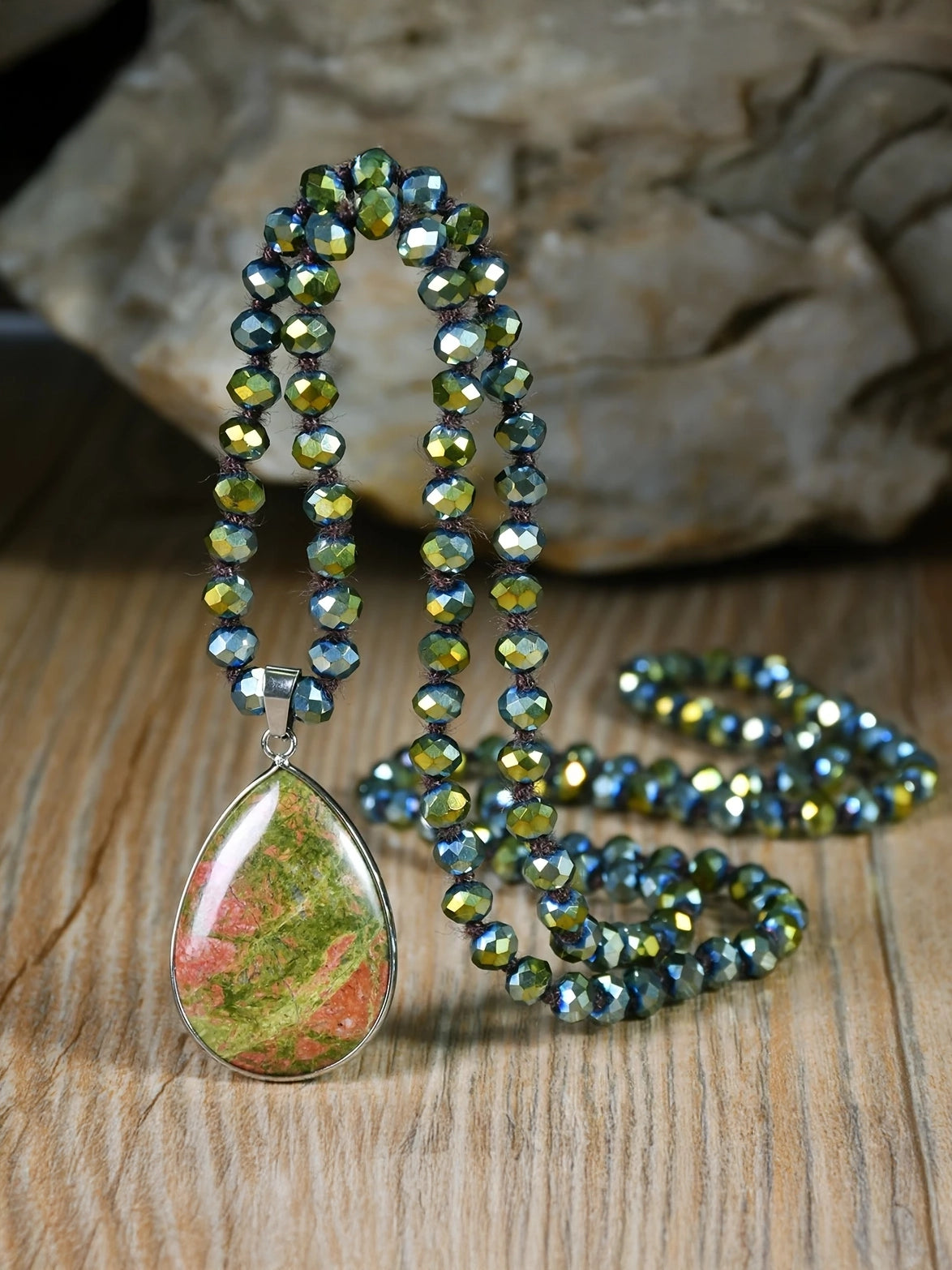 Teardrop Pendant Necklace With Natural Royal Multi, earrings, front view