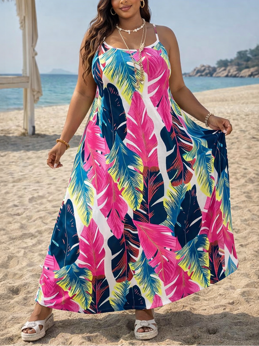 Woman in a colorful dress standing on a beach