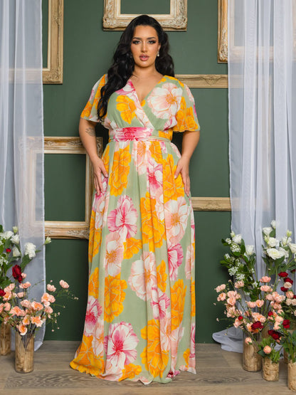 Liza Plus Size Chiffon Gown in Golden Floral