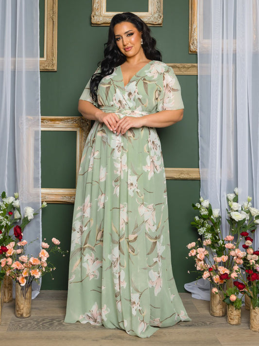 Liza Plus Size Chiffon Gown in Sage Floral