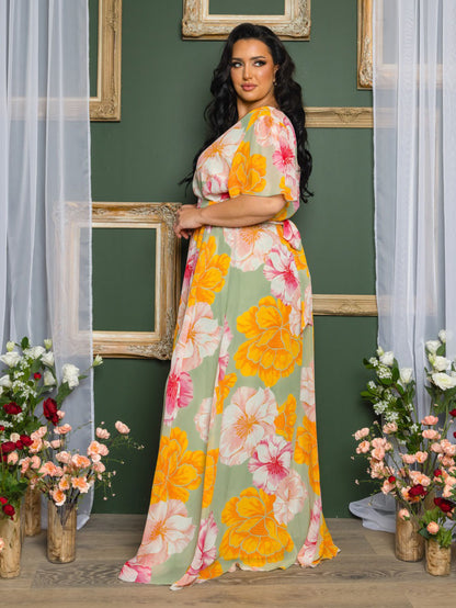 Liza Plus Size Chiffon Gown in Golden Floral