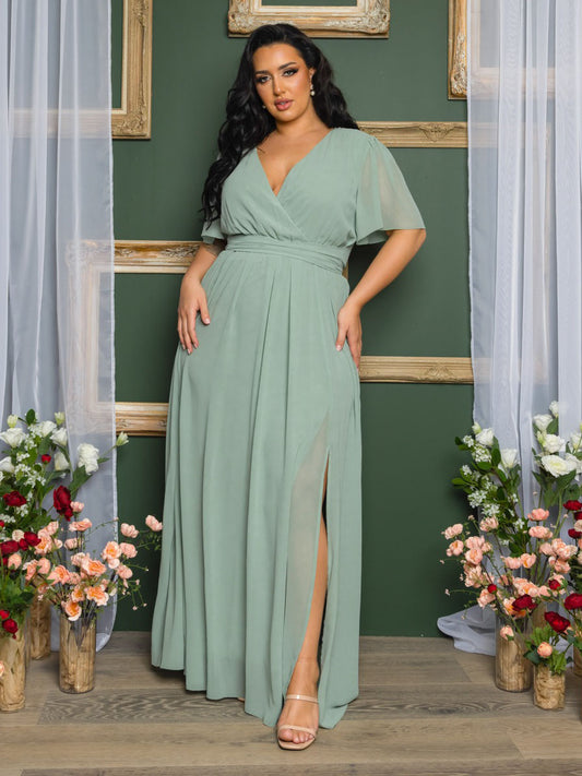 Elona Plus Size Chiffon Gown in Sage Green