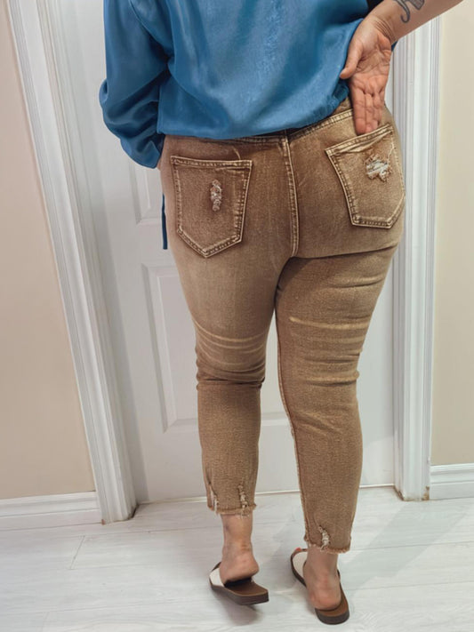 Yvette Plus Size Distressed Girlfriend Jeans in Tan