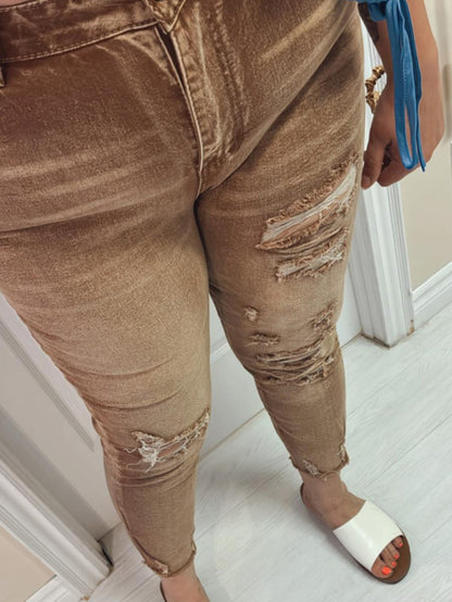 Yvette Plus Size Distressed Girlfriend Jeans in Tan