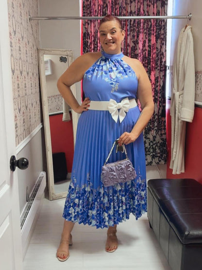 Azure Blossom Pleated Plus Size Dress