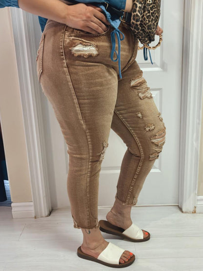 Yvette Plus Size Distressed Girlfriend Jeans in Tan, plus size jeans, styled view
