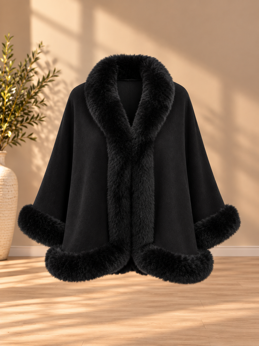 Cape with Faux-Fur Trim in Black