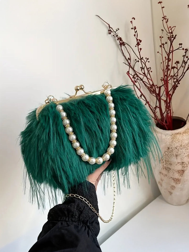 Faux Fur Long Hair Evening Clutch in Vibrant Green