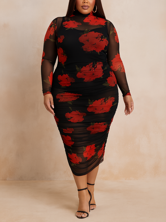Leni Plus Size Sheer Rose Printed Dress
