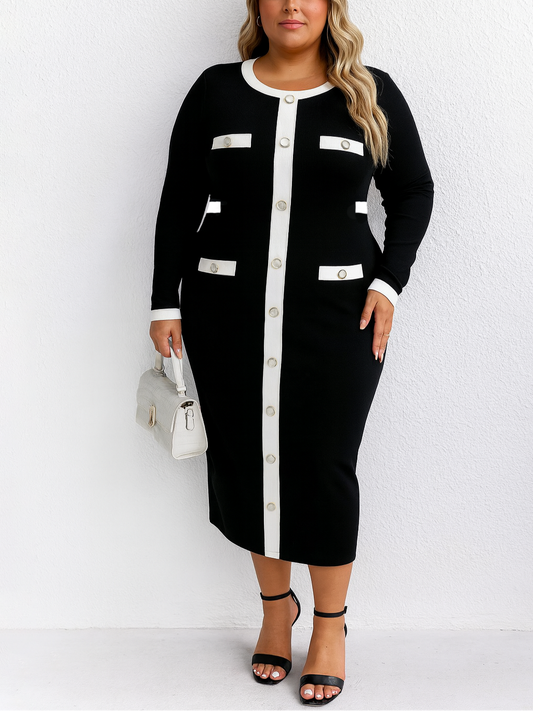 plus size Woman wearing a black and white dress with a white background