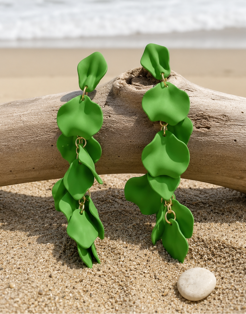 Exaggerated Long Petal Tassel Earrings in Lime