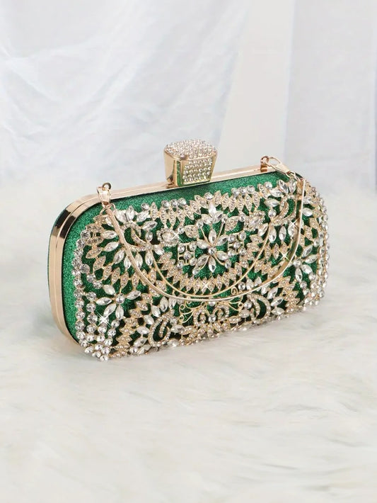 Rhinestone Embellished Evening Clutch in Green