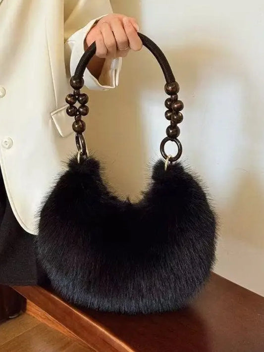 Faux Fur Bag With Wooden Handle in Black