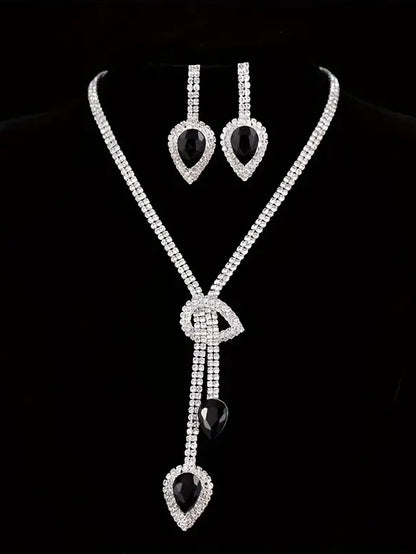Rhinestone Necklace and Earring Set with Black Stone