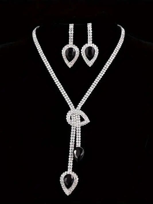 Rhinestone Necklace and Earring Set with Black Stone
