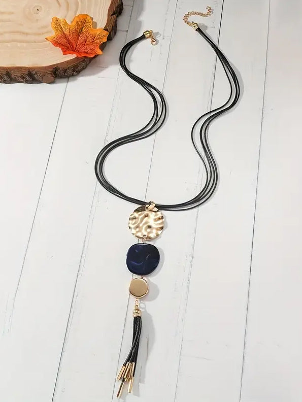 Multi Disc Long Pendant Necklace with Tassel