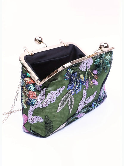 Sequin Embroidered Satin Clutch