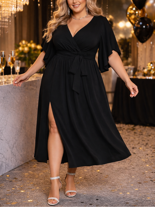 Woman in a black dress standing in a festive indoor setting with decorations.