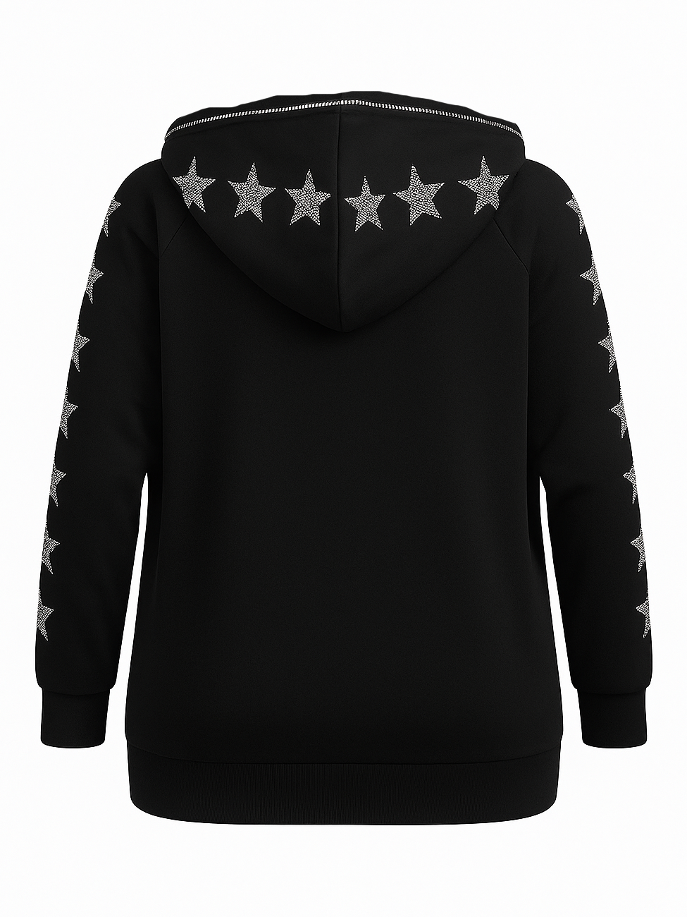 Black hoodie with star patterns on a white background