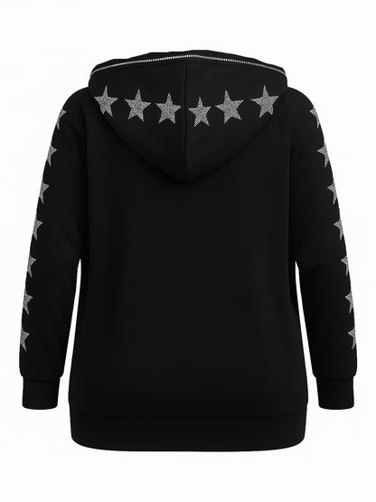 Black hoodie with star patterns on a white background