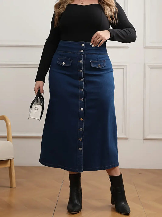 Veronica Plus Size Button Down Denim Skirt