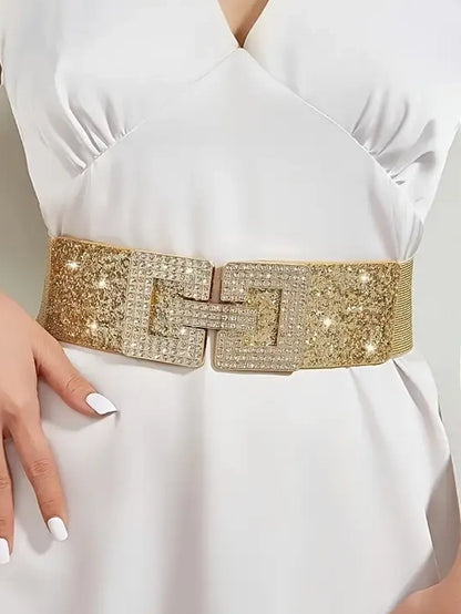 Plus Size Elastic Wide Belt with Rhinestone G Clasp In Metallics