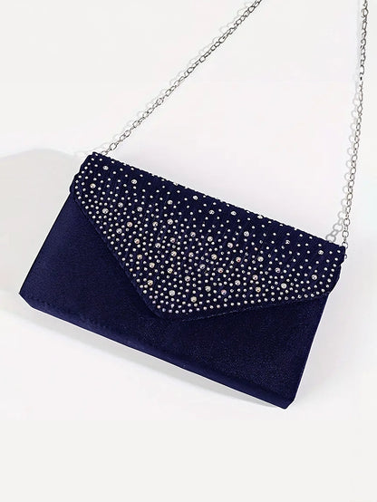 Rhinestone Satin Evening Clutch in Navy Blue