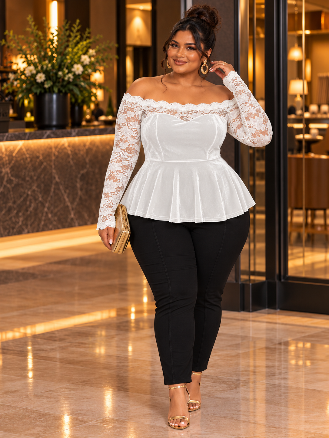Victoria Lace & Velvet Plus Size Top in White