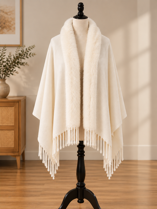 Scarf Shawl with Fur Trim in Ivory
