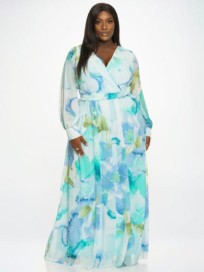 Abigail Plus Size Chiffon Maxi Dress in Aqua Floral