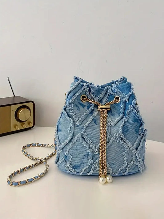 Destructed Denim Bucket Bag