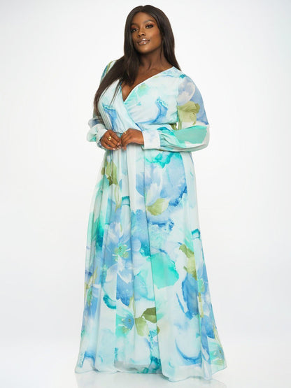 Abigail Plus Size Chiffon Maxi Dress in Aqua Floral