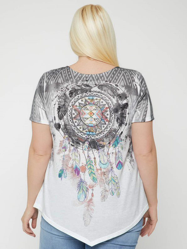 Brittany Plus Size Printed T-shirt with Pointed Hem