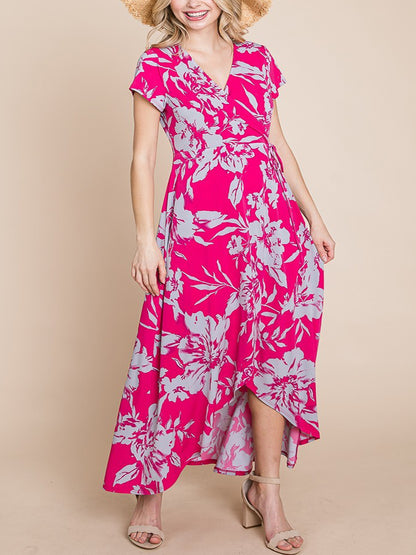 Bonnie Plus Size Faux Wrap Dress in Fuchsia and Grey