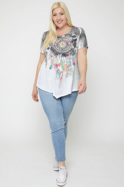 Brittany Plus Size Printed T-shirt with Pointed Hem