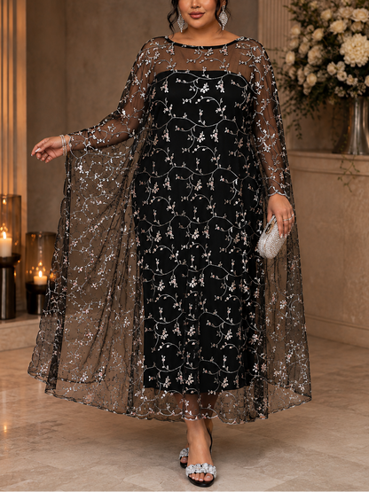 Ellie Floral Embroidered Plus Size Overlay and Dress Set