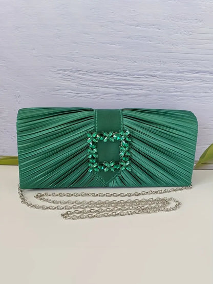 Pleated Satin & Rhinestone Evening Clutch in Green