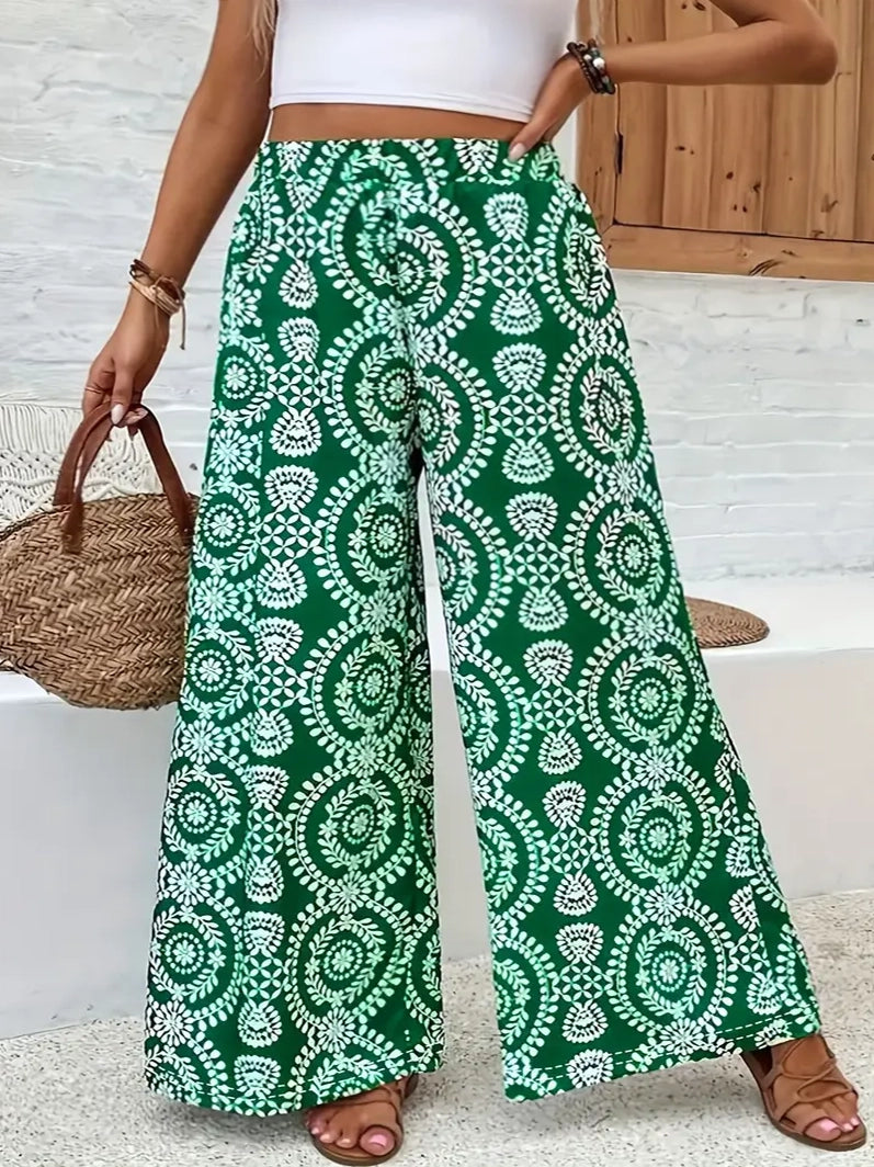 Tiana Plus Size Wide Leg Casual Pant in  Leaf Print