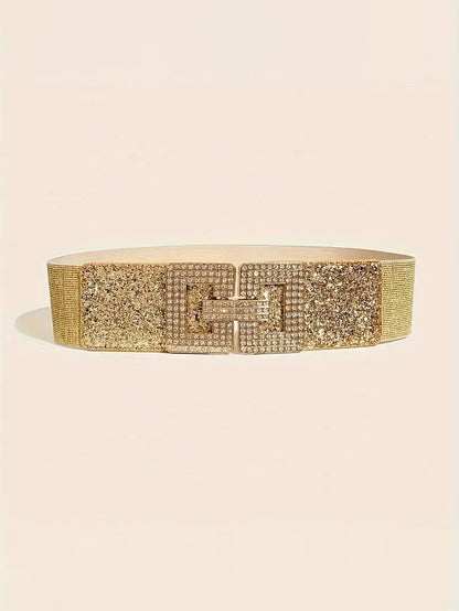 Plus Size Elastic Wide Belt with Rhinestone G Clasp In Metallics