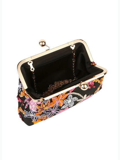 Sequin Embroidered Satin Clutch Black