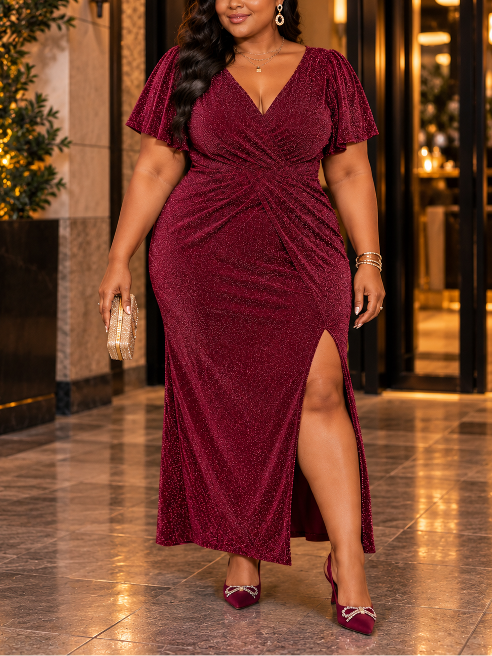 Jessica Sparkle Plus Size Cocktail Dress in Wine